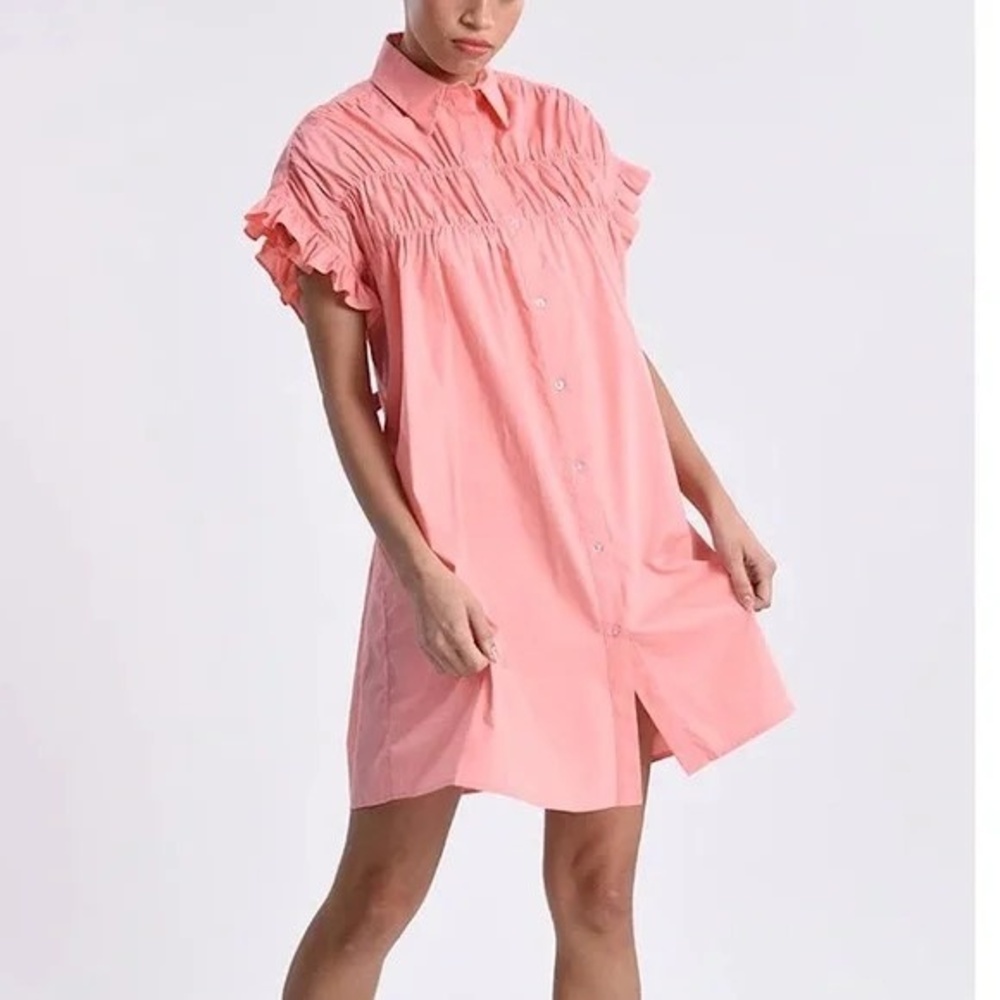 Lili Sidonio Anthropologie Smocked Button Front Mini Shirt Dress Pink Coral sz S